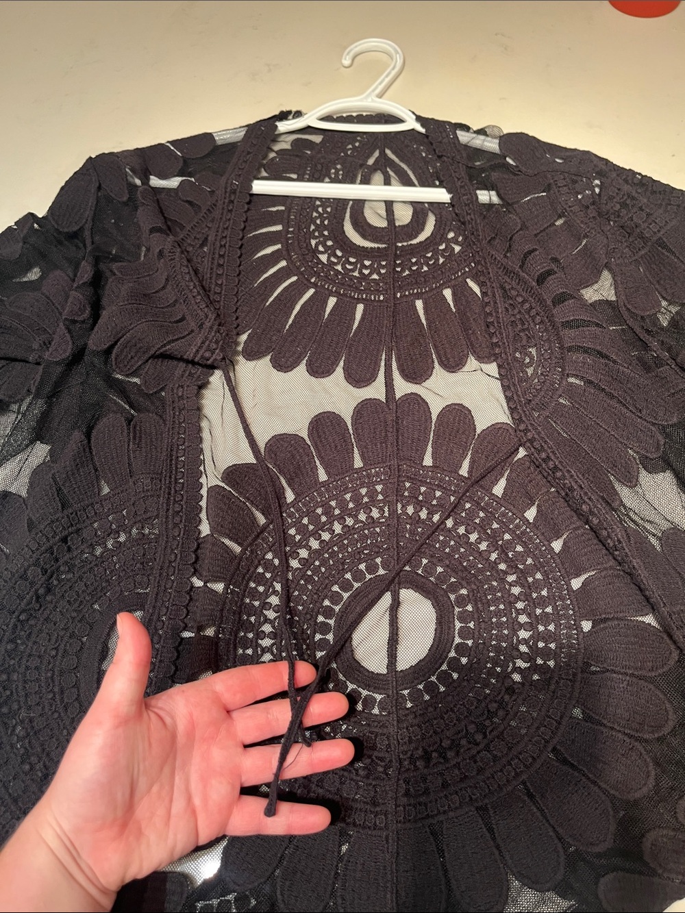 Black Boho Embroidered Lace Sheer Mesh Kimono Duster / Swim Beach Cover Up - Picture 7 of 8